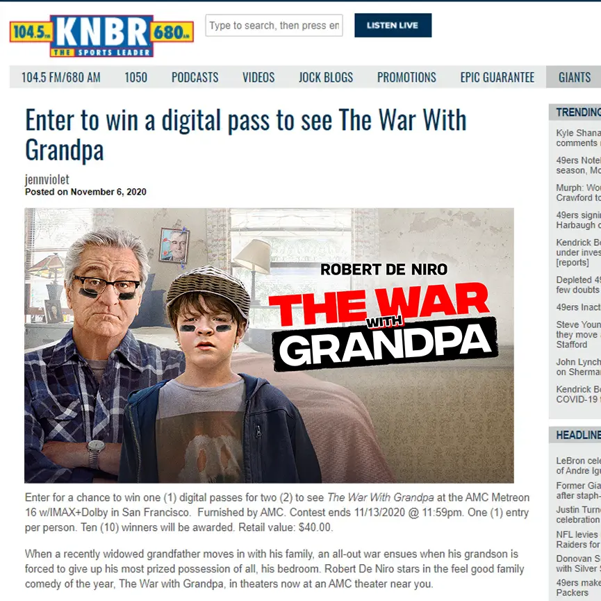 101 Studios | The War With Grandpa | KNBR Web Post